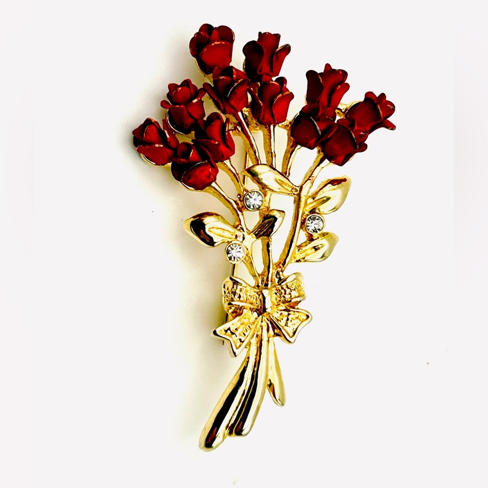 Vintage Red Roses Bouquet with Rhinestones Brooch Pin, great gift idea!